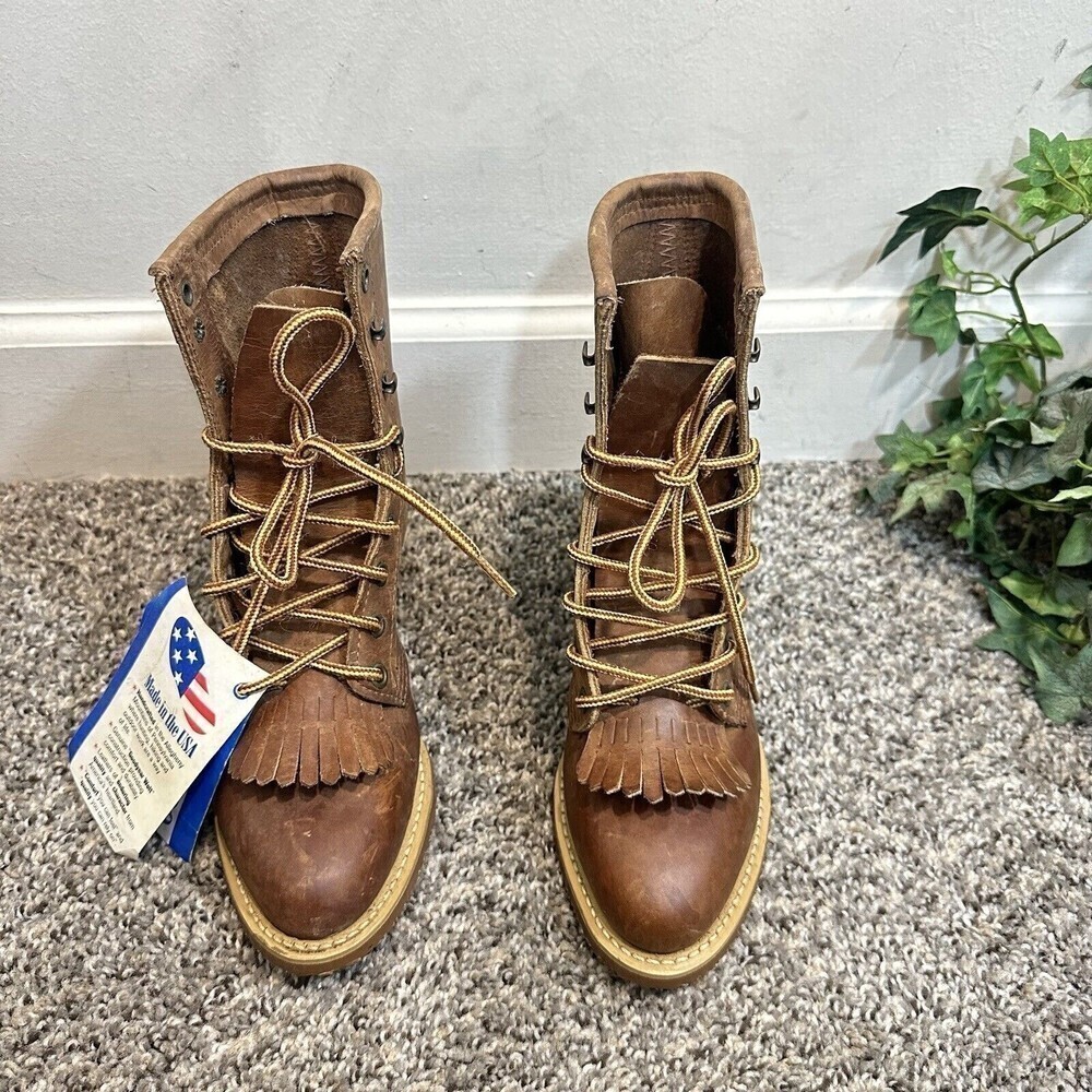 DD Tuff Handcrafted PACKER Leather Roper Kiltie Lace up Western Boots USA 6M New - Picture 3 of 9